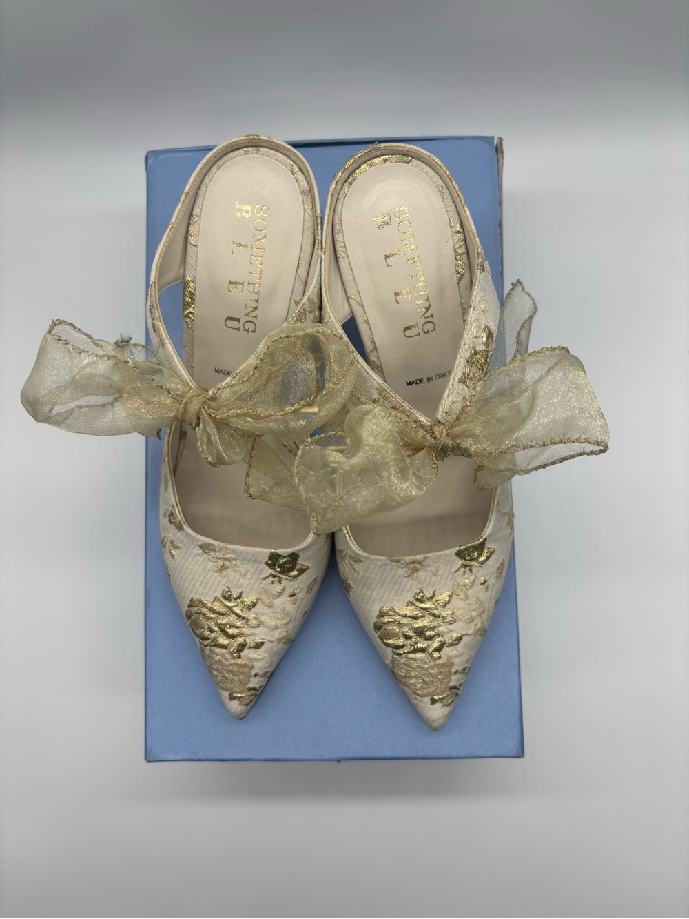 Something Bleu Bridal Ivory Pointed-Toe Heels with Gold Floral Embroidery - Picture 2 of 8
